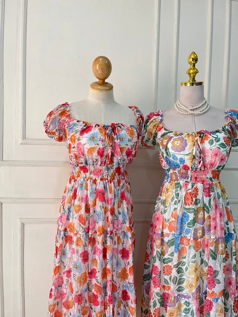 Spring Floral Square Neck Long Maxi Dress